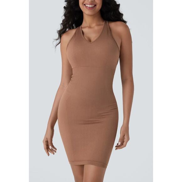 S Halara Brown Seamless Flow U Neck Backless CrissCross Bodycon Dress NWT - Picture 1 of 5